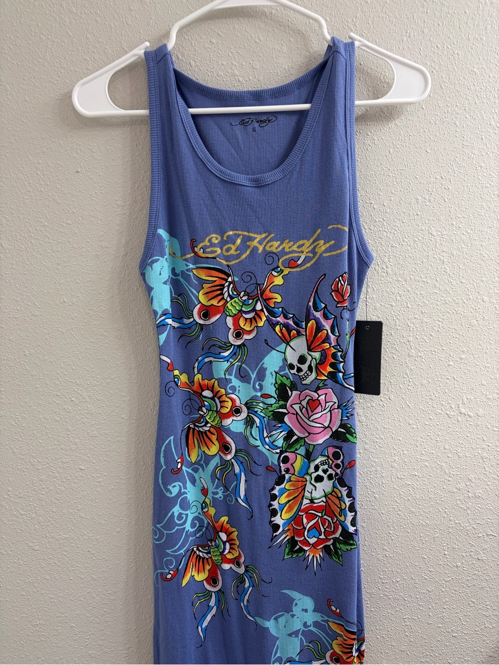 Ed Hardy Purple Blue Graphic Skull & Floral Tank Dress